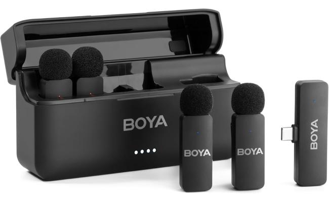 BOYA BY-V4U Wireless Lavalier Microphone for iPhone 15/16 Series Type C Smartphone with Charging Case, 4-Channel Mono Output, Omnidirectional Noise Cancelling Lapel Mic for Video Recording Podcast